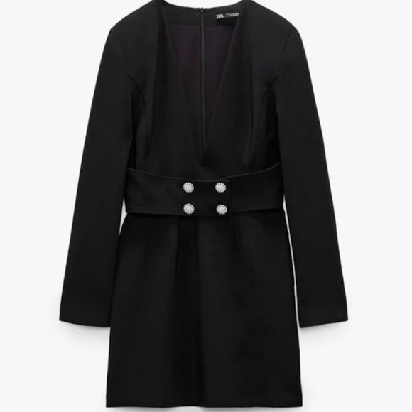 Zara Woman Pearl Appliqué Belted Blazer Dress.  SZ XL - Picture 6 of 6